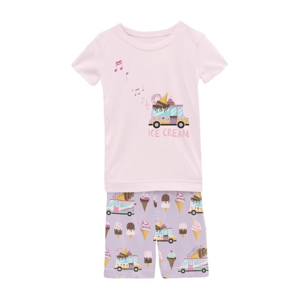 NEW KICKEE kids' short sleeve graphic tee pajama set with shorts in thistle ice